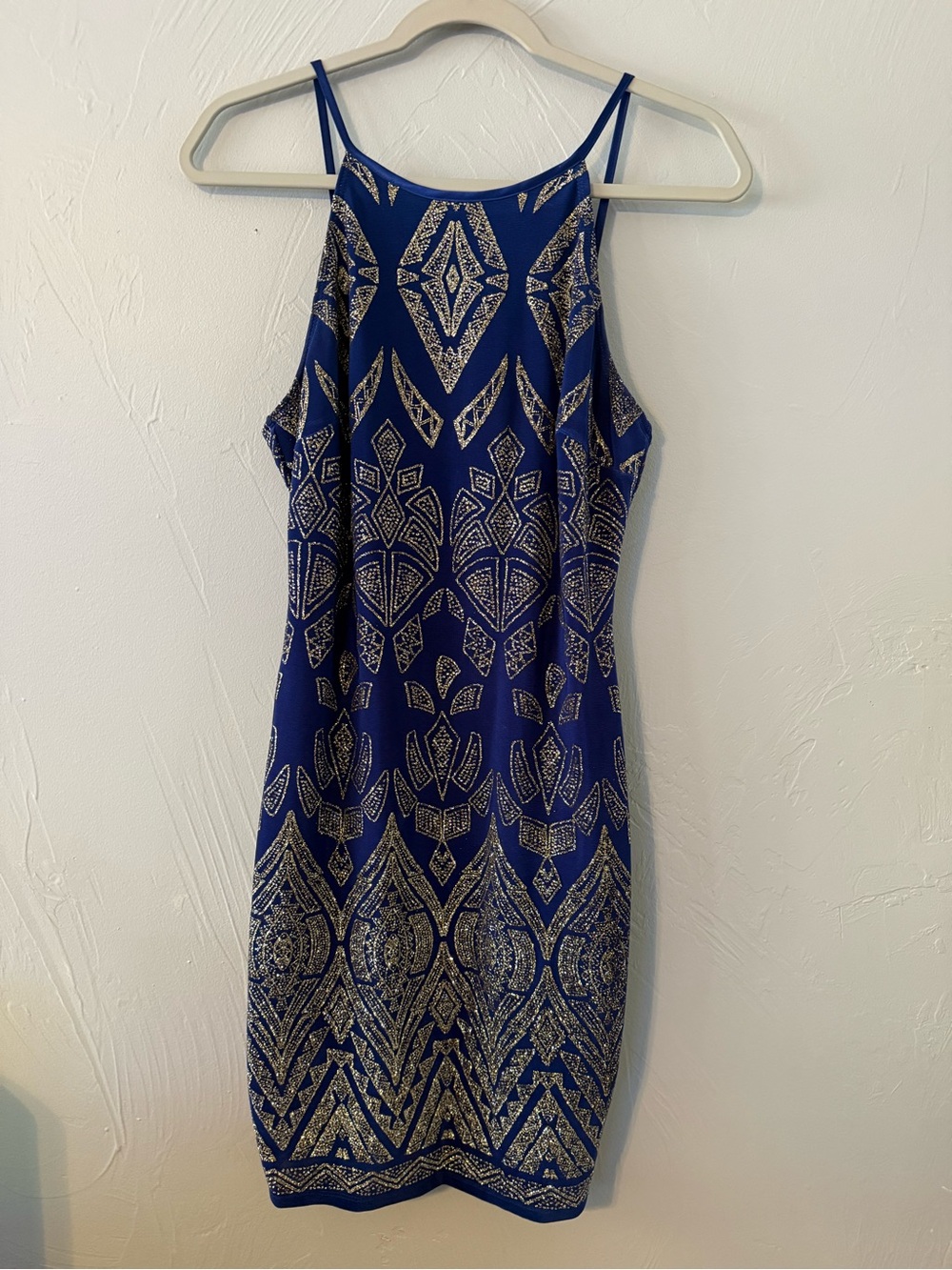 Jump Apparel Blue Gold Metallic Bodycon Cocktail Dress Size 7/8